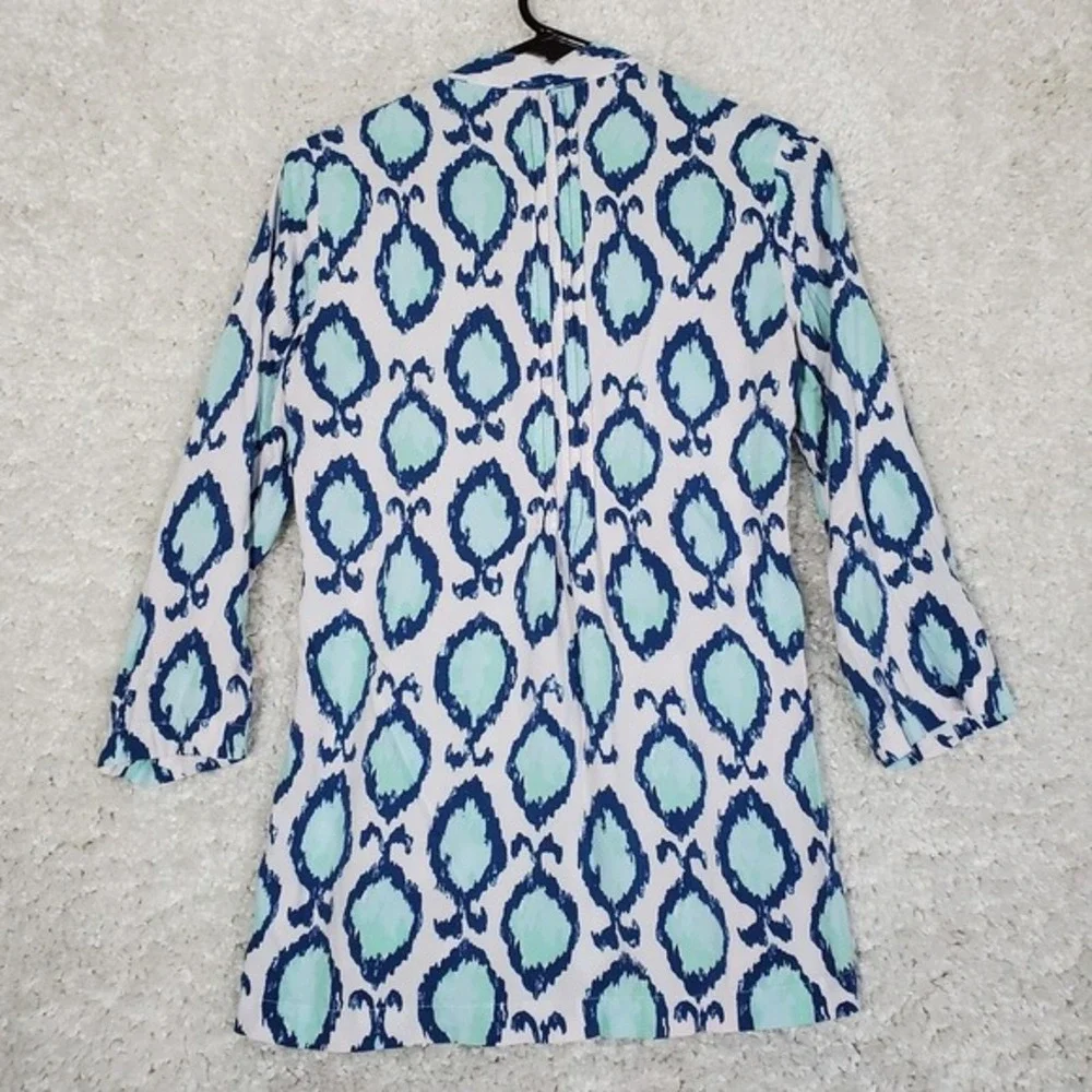 Lilly Pulitzer Sarasota Tunic Women XS Blue Mint Ikat Medallion‎ Split Neck Top - Picture 8 of 12